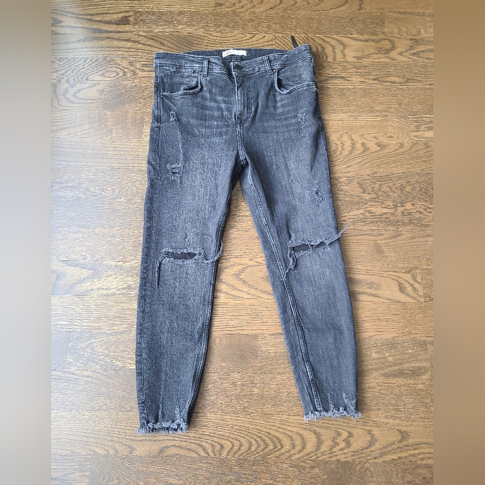 Zara Man Black Jeans Sz.34 Raw Hem Ripped(24 in.inseam)